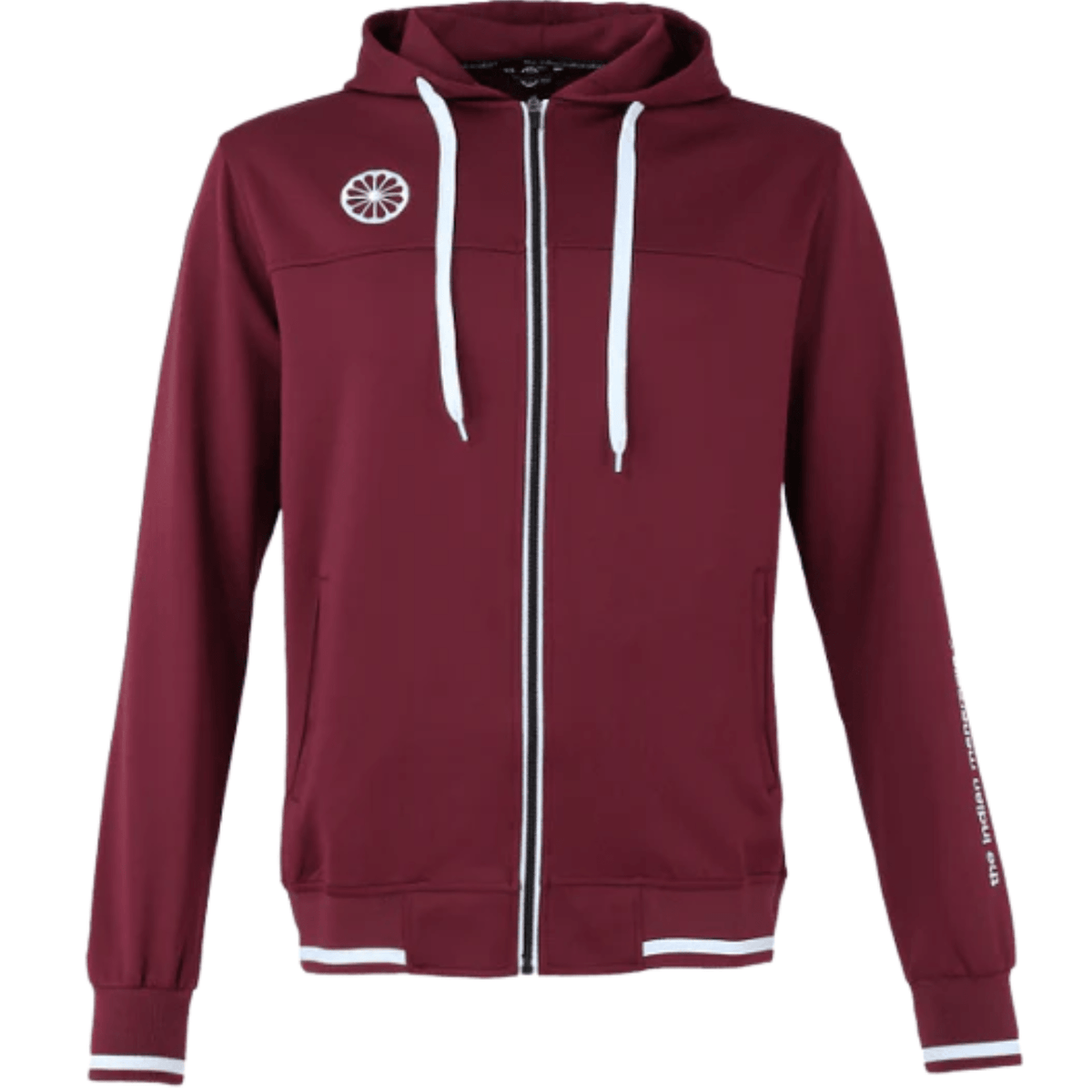 Vooraanzicht van het bordeauxrode Tech Hooded vest van Indian Maharadja met rits en capuchon