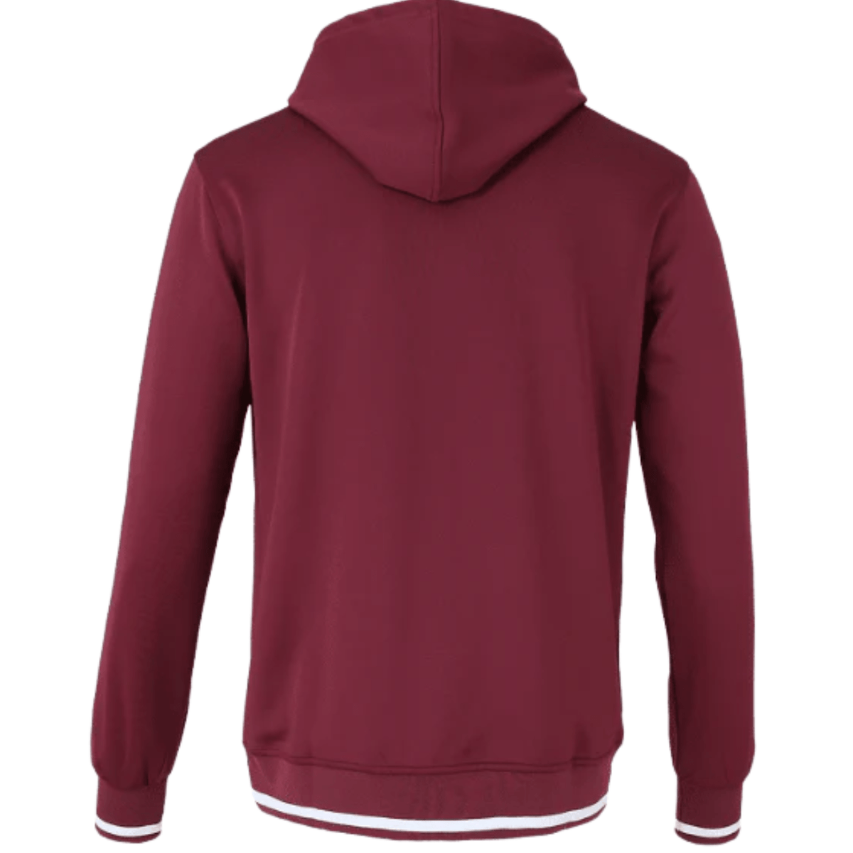 Achteraanzicht van het bordeauxrode Tech Hooded vest met capuchon en witte streep in de boord