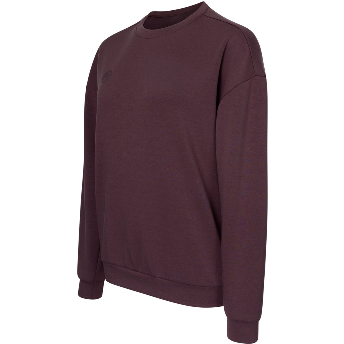 Zijaanzicht van de bordeauxrode Soft Supreme sweater met geribde boord