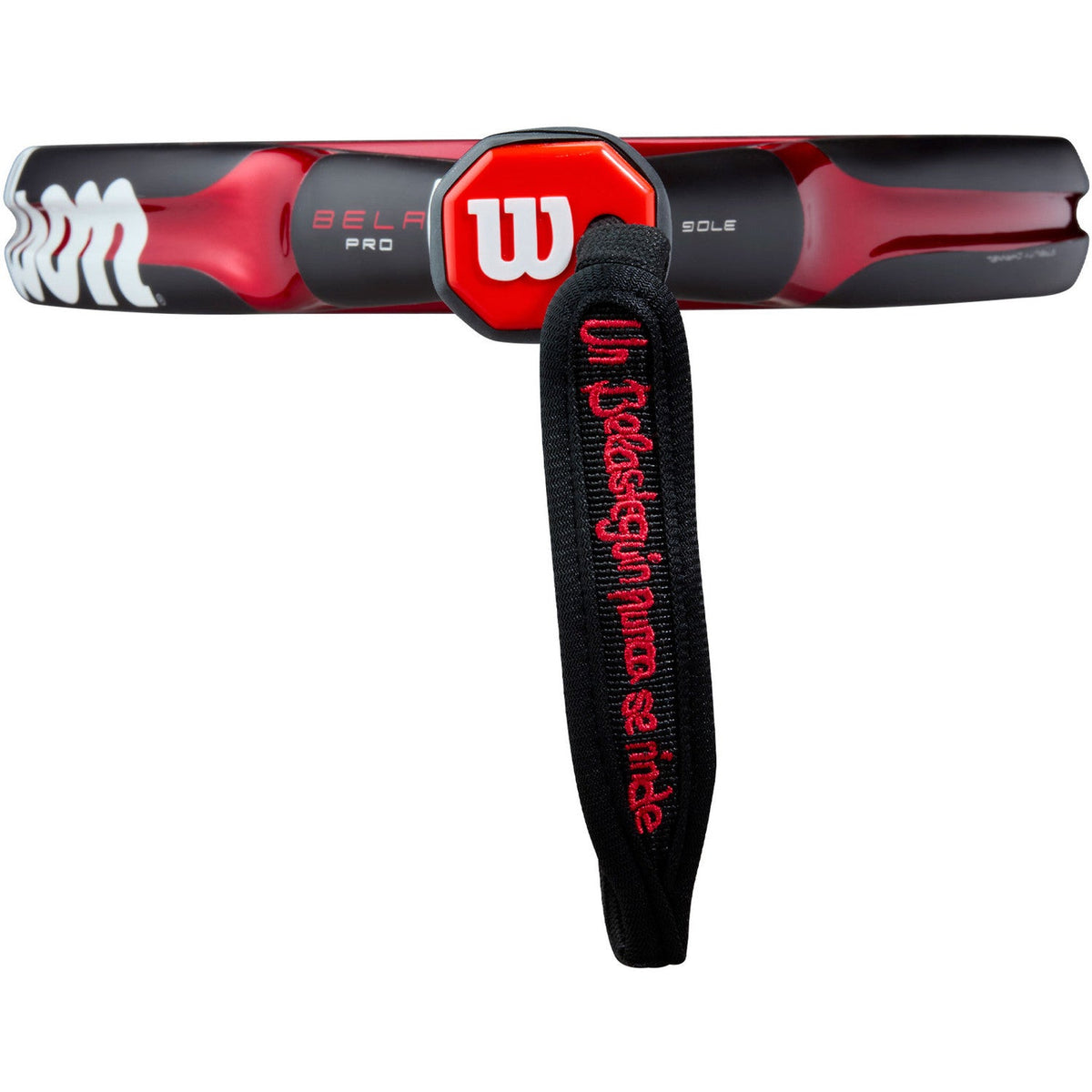 Zijaanzicht van de framerand van het Wilson Bela Pro V3 met Wilson-polsband