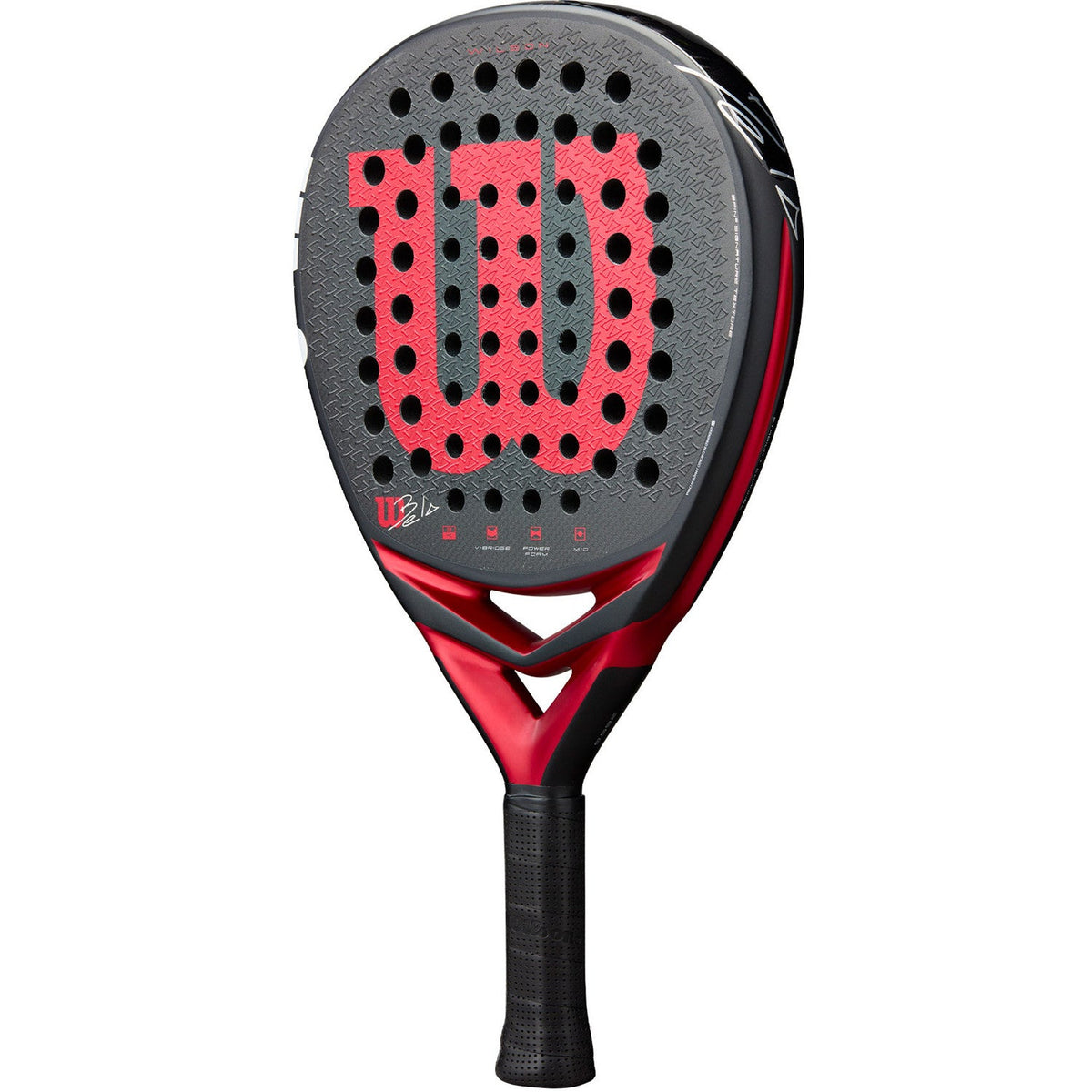 Achterzijde van het Wilson Bela V3 padelracket in donkergrijs met rood W-logo