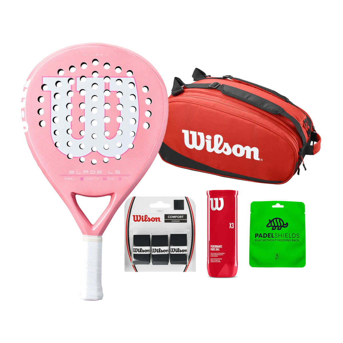Wilson Blade LS Pink Dames Pack: Wilson Blade LS V4 Pink padelracket, Wilson Tour Padel Bag Red, Wilson Padel X3 ballen, Wilson Pro Overgrips en Padel Shields