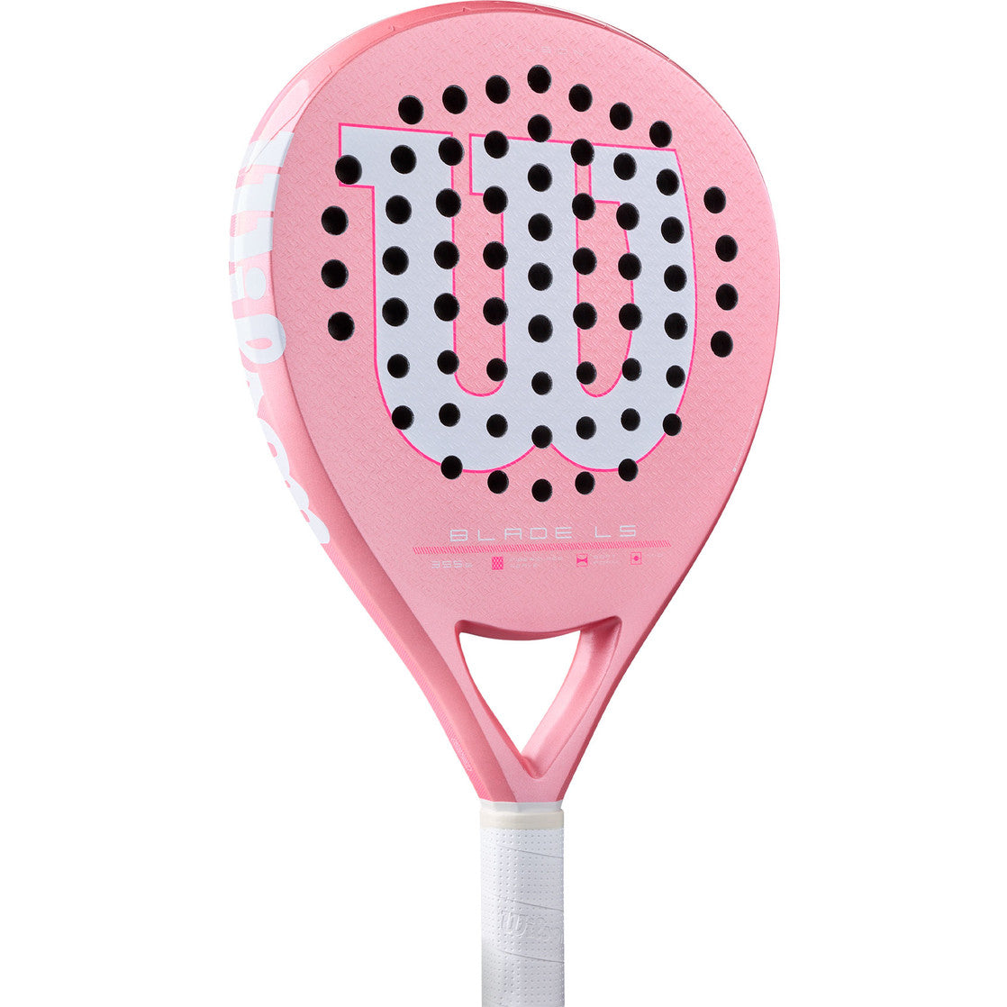 Close-up van het roze slagvlak van het Wilson Blade LS V4 met gaten