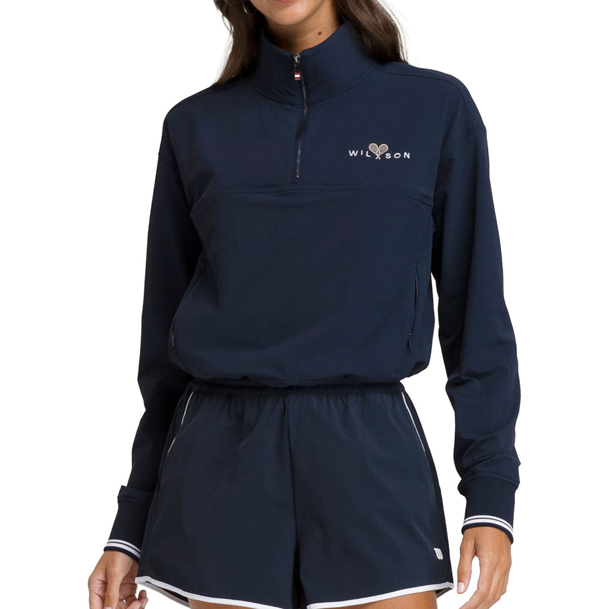 Wilson Davenport sweater met halve rits in donkerblauw, vooraanzicht gedragen