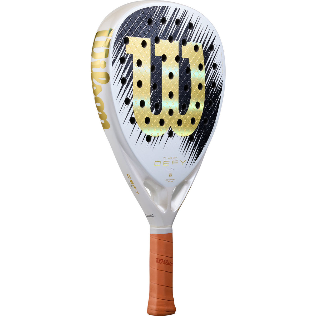 Wilson Defy LS SE V1 padelracket schuin vooraanzicht, diamantvorm in wit en goud
