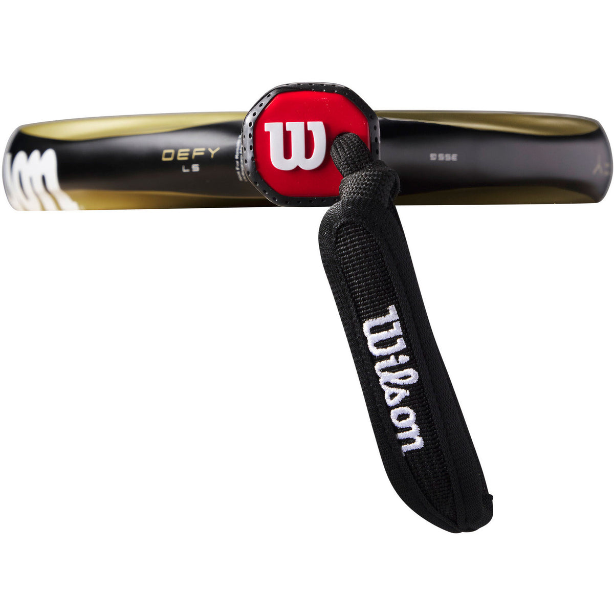 Raquete de padel Wilson Defy LS V1 com pulseira Wilson preta e borda do quadro