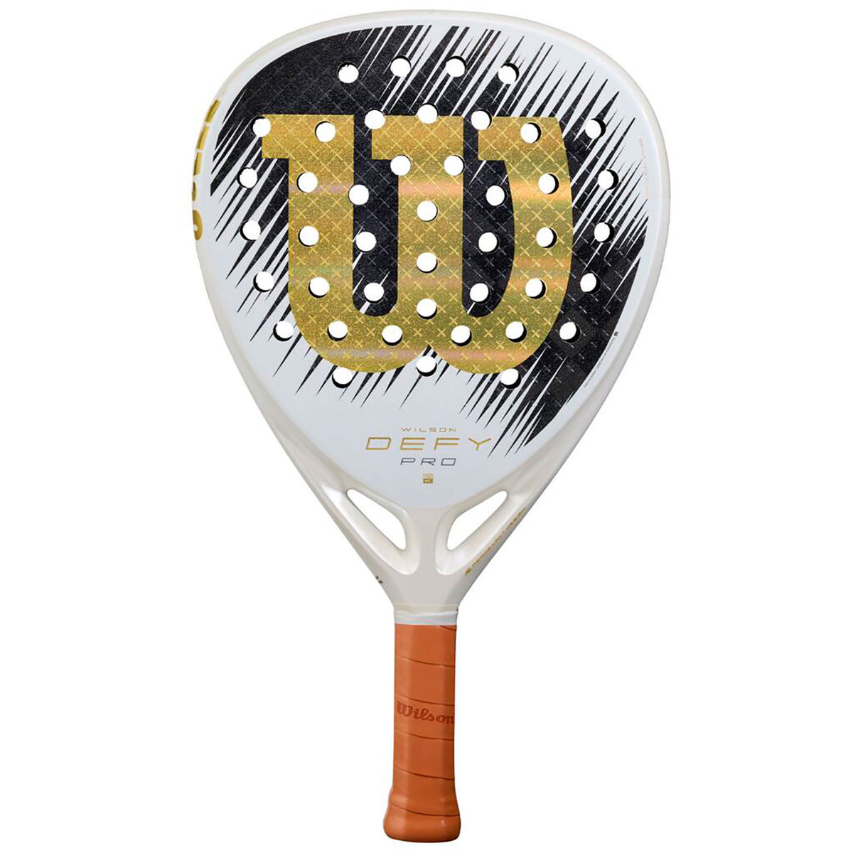 Wilson Defy Pro SE V1 padelracket in wit met goud en zwart, vooraanzicht