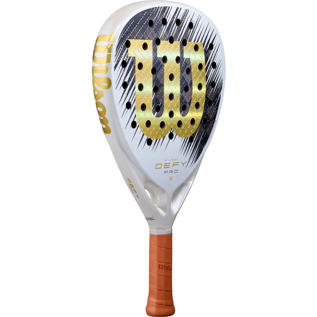 Wilson Defy Pro SE V1 padelracket schuin vooraanzicht, diamantvorm in wit en goud