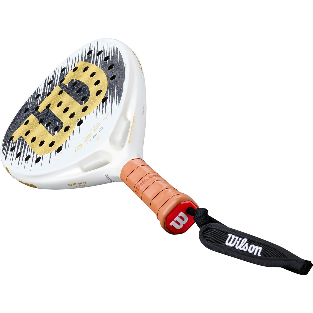 Wilson Defy Pro SE V1 padelracket schuin liggend met bruine grip en polsband