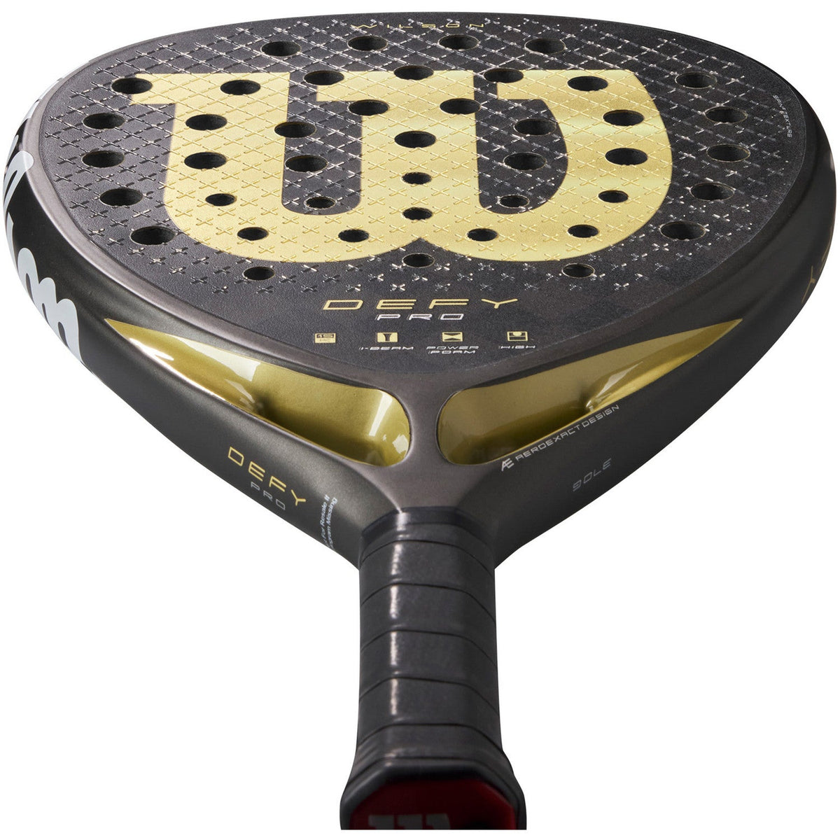 Bovenaanzicht van het Wilson Defy Pro V1 met gouden DEFY PRO-opdruk op de framerand