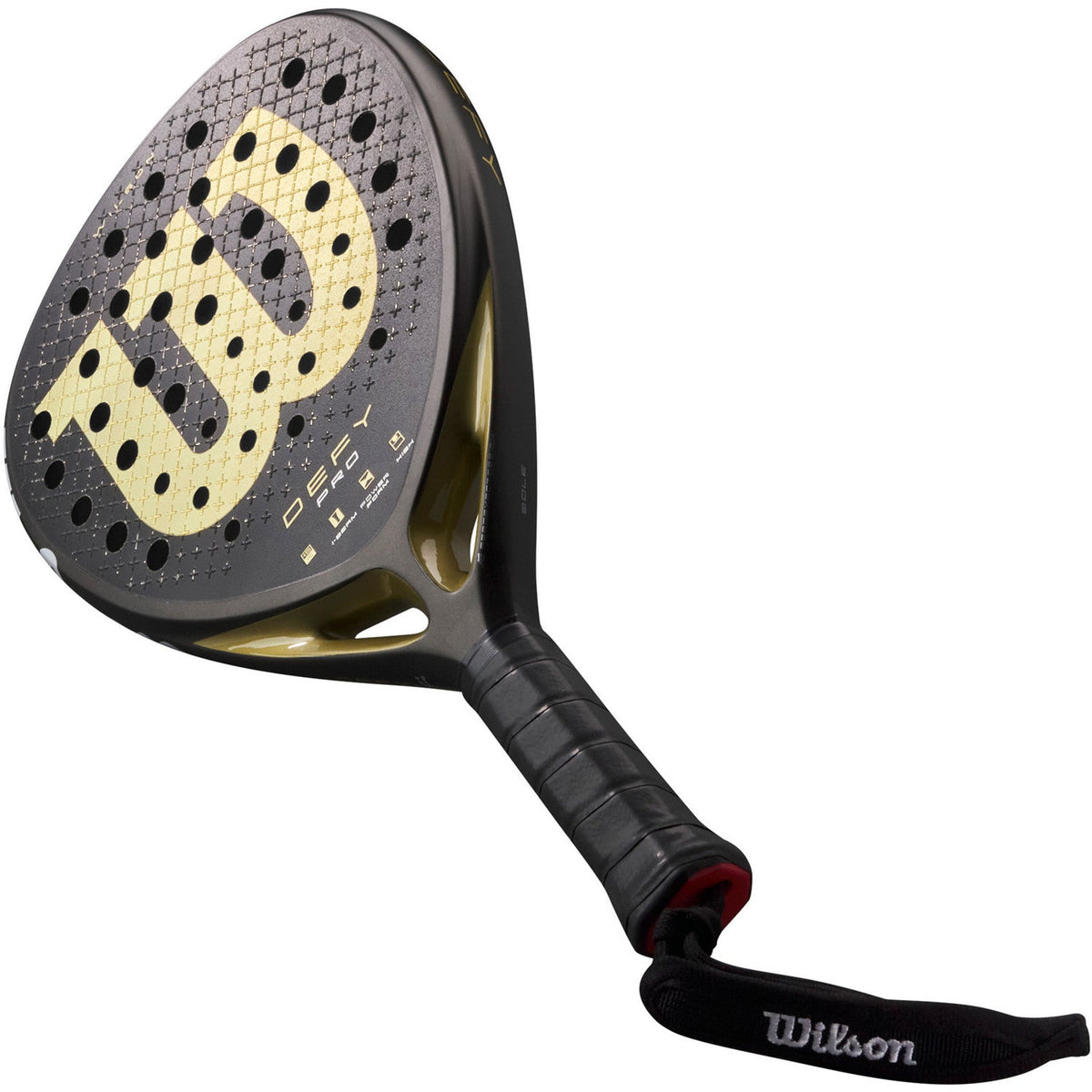 Wilson Defy Pro V1 schuin bovenaanzicht met zwarte grip en Wilson-polsband
