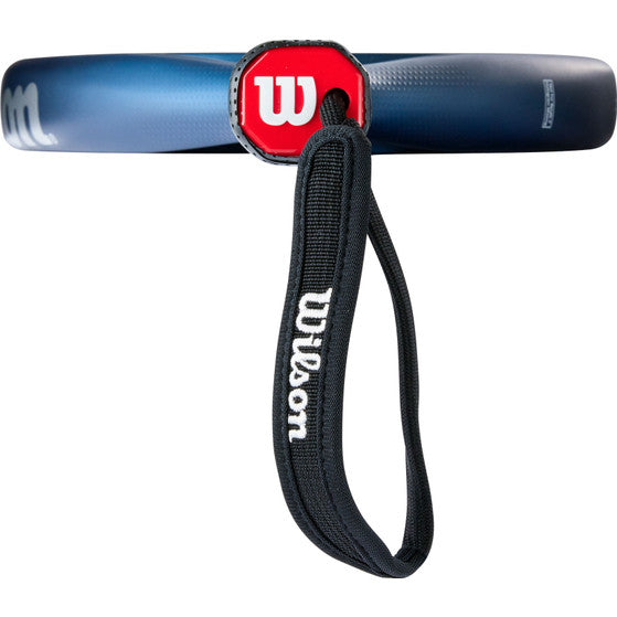 Zijaanzicht van de donkerblauwe framerand van het Wilson Endure Pro V1 met Wilson-logo