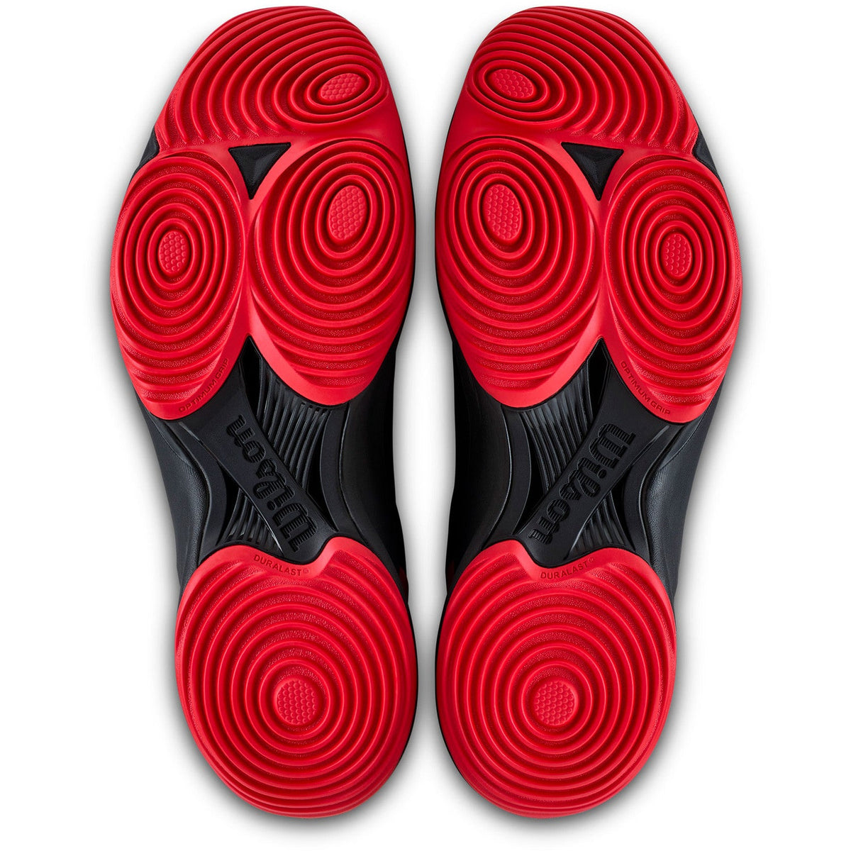 Buitenzolen van de Wilson Hurakn Pro V2 Black/Red met rode draaivlakken