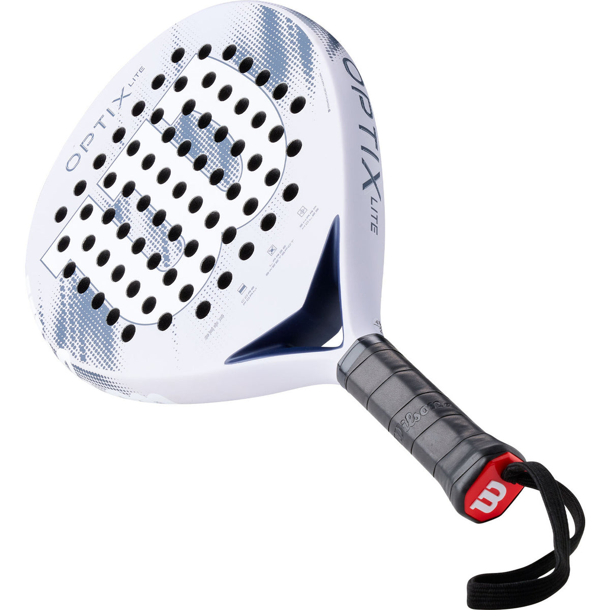 Wilson Optix Lite V2 padelracket schuin liggend met grijze grip en polsband