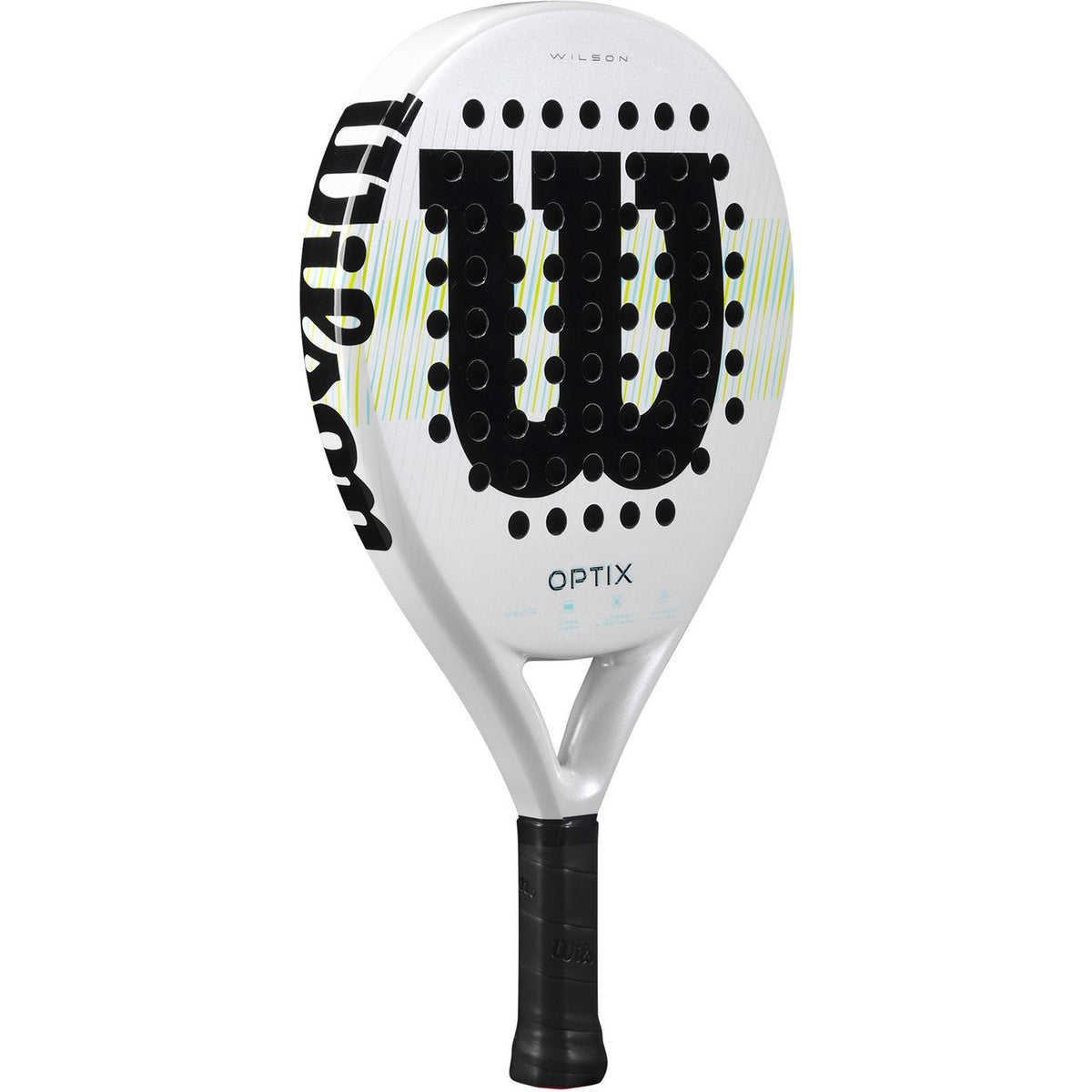 Wilson Optix padelracket schuin vooraanzicht, ronde vorm in wit