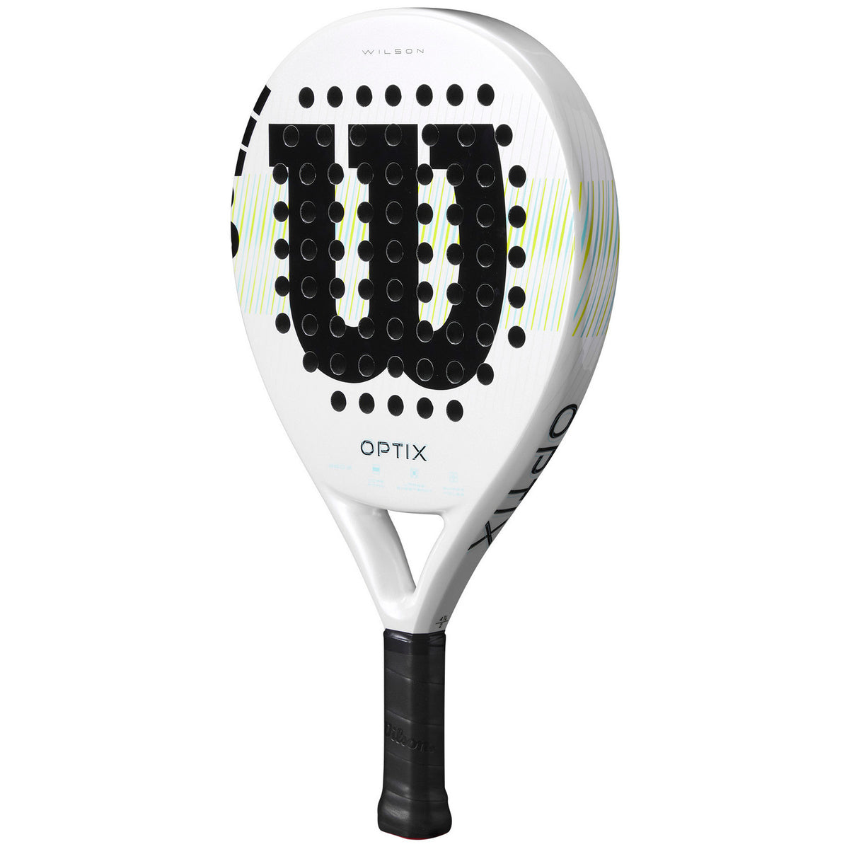 Achterzijde van het witte Wilson Optix padelracket met zwarte grip