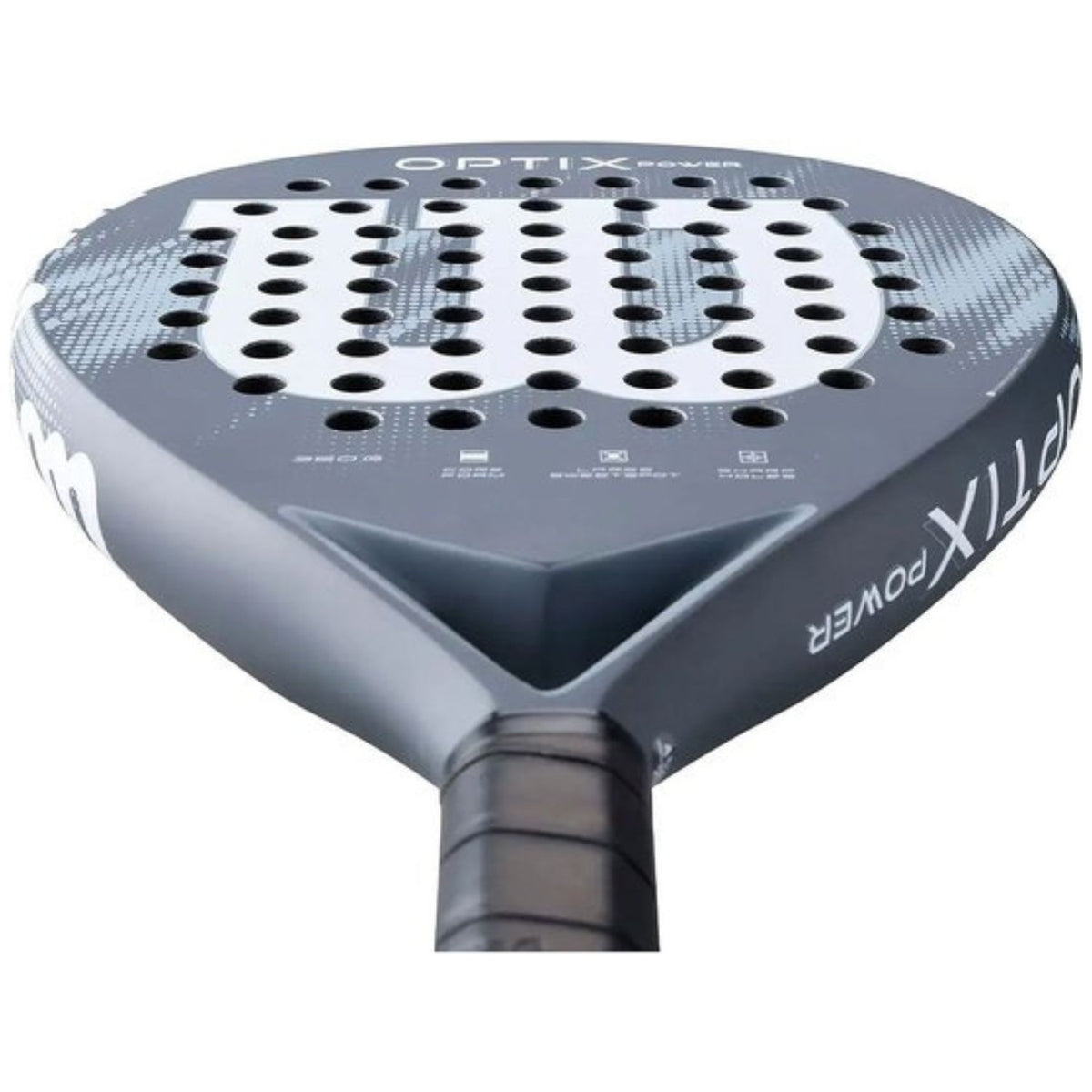 Close-up van het grijze slagvlak van het Wilson Optix V2 Power met OPTIX-opdruk