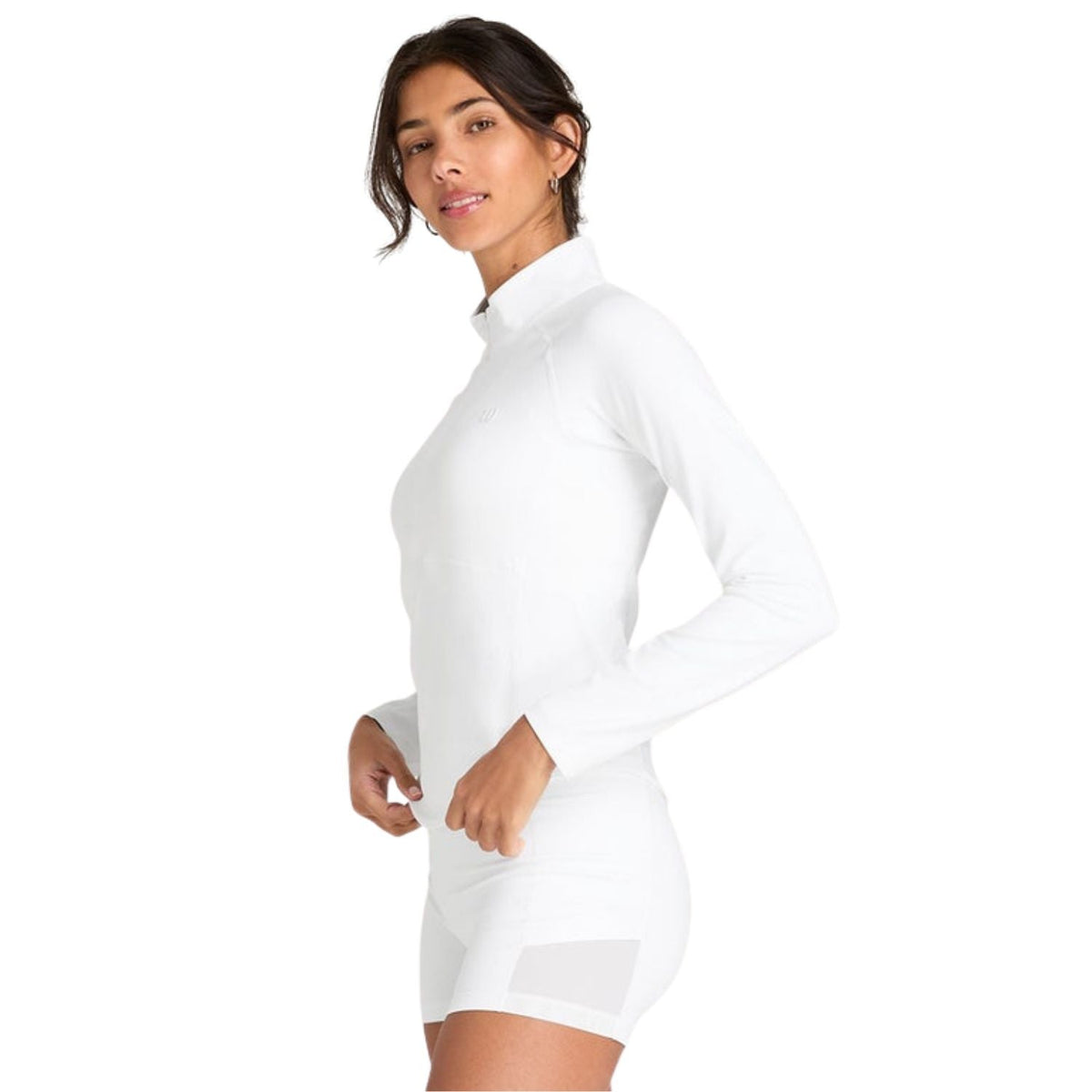 White Wilson Baseline sweater, side view, with thumbholes in the sleeves