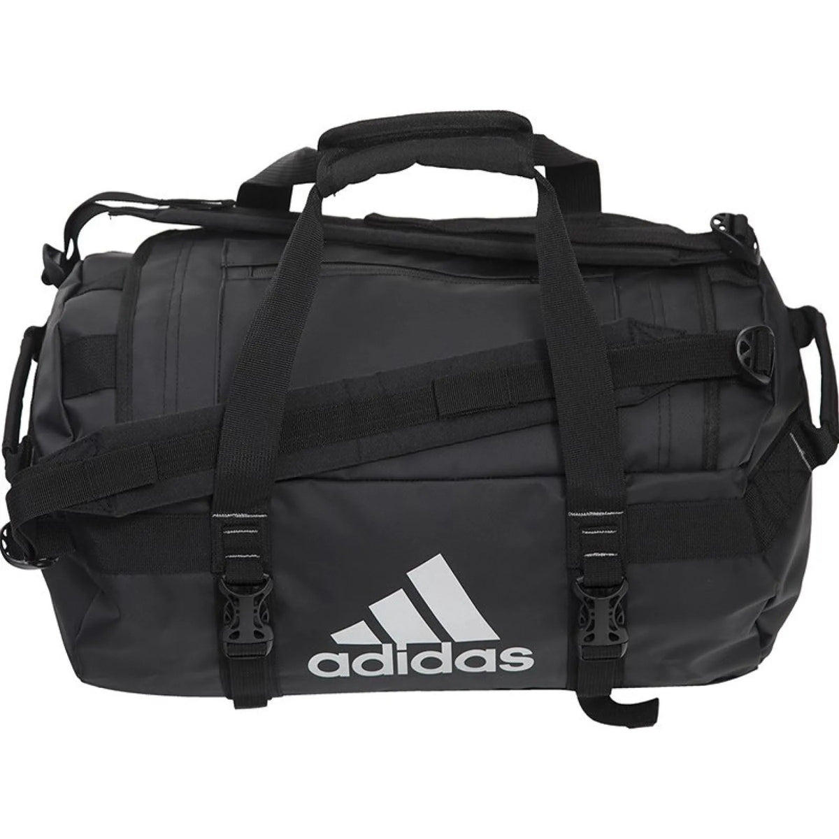Adidas Stage Tour tourbag van 32 liter in zwart met wit logo, vooraanzicht
