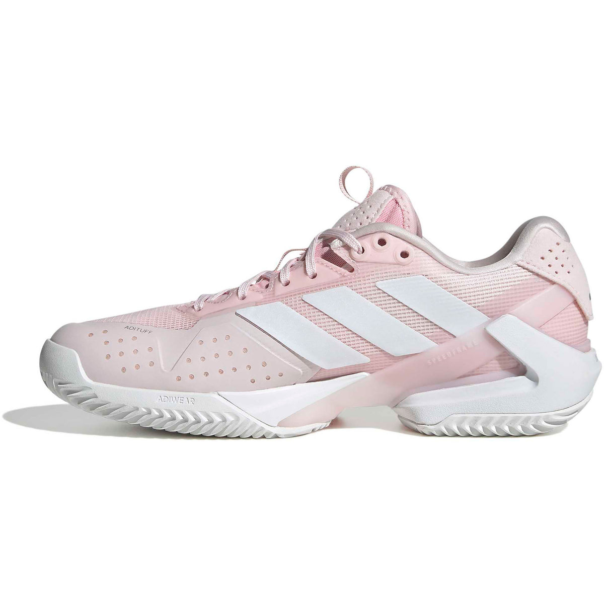 Binnenzijde van de roze Adidas Adizero Ubersonic 5 W met witte tussenzool