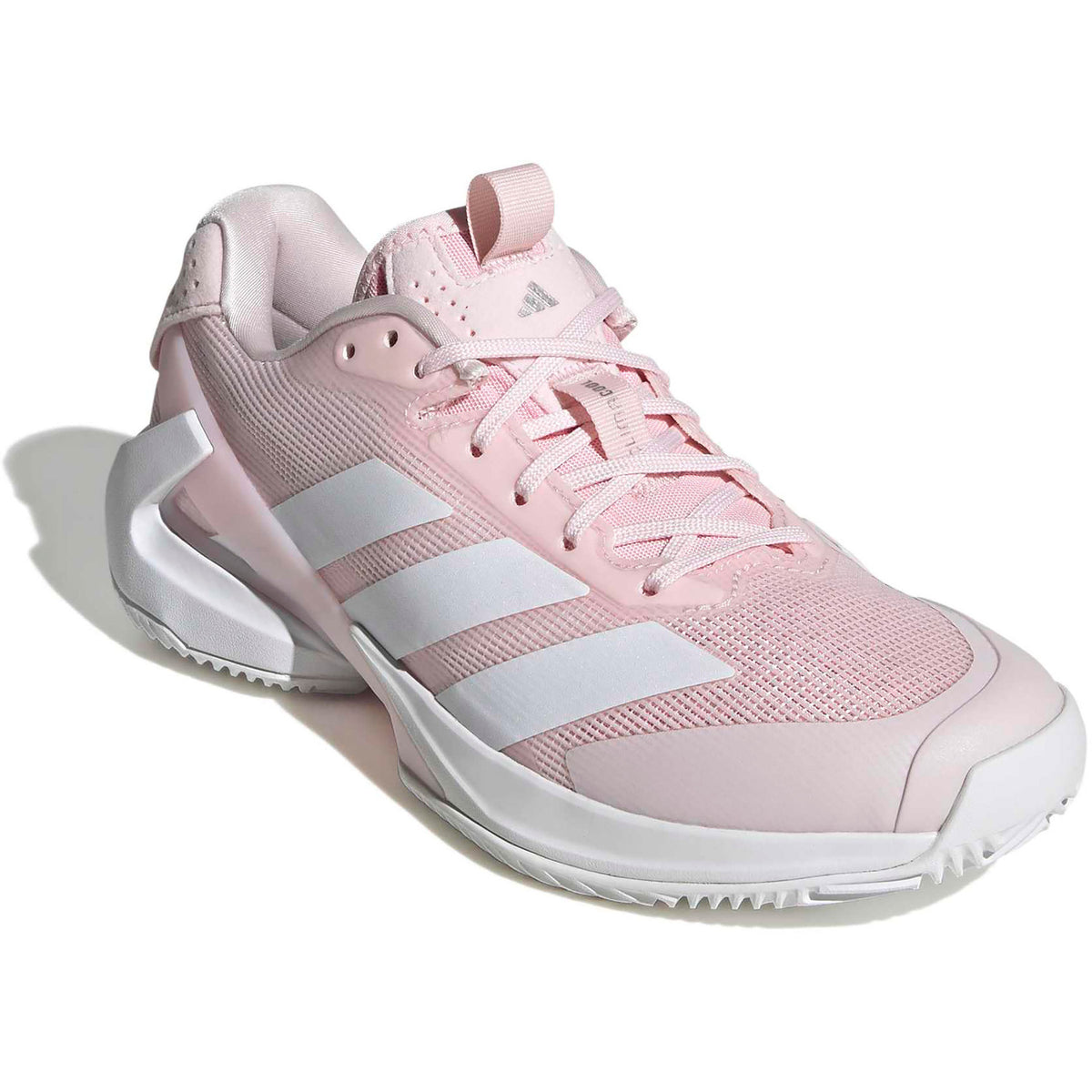 Schuin achteraanzicht van de roze Adidas Adizero Ubersonic 5 W met witte strepen