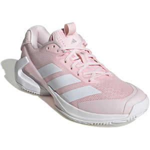 Schuin achteraanzicht van de roze Adidas Adizero Ubersonic 5 W met witte strepen