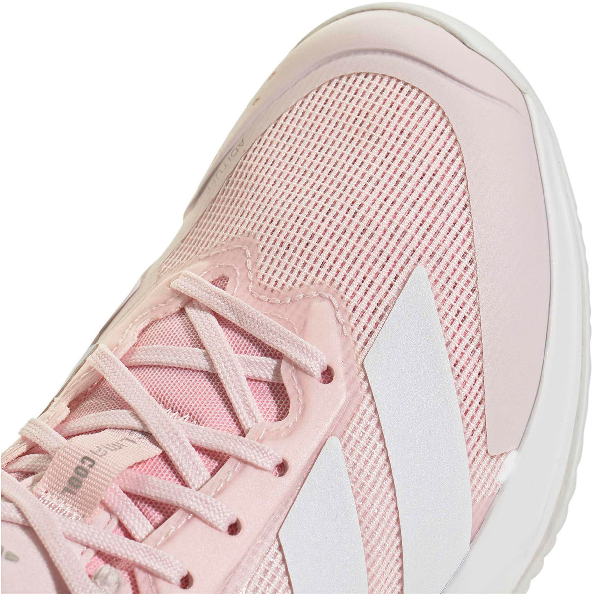 Detail van de roze mesh en witte strepen van de Adidas Adizero Ubersonic 5 W