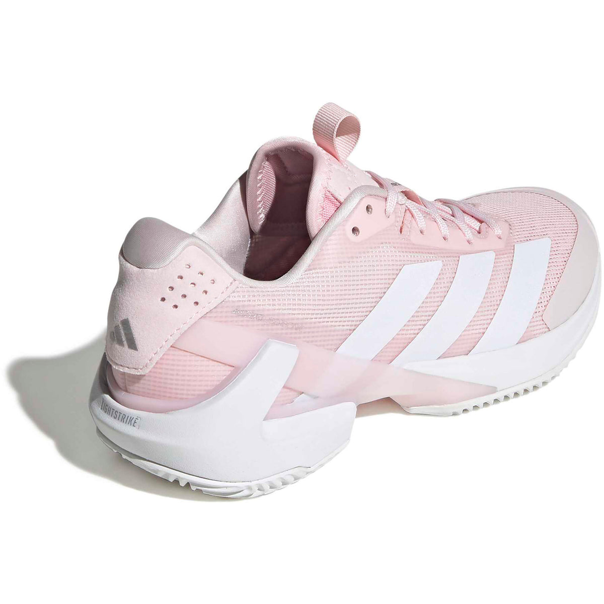 Schuin vooraanzicht van de roze Adidas Adizero Ubersonic 5 W met witte zool