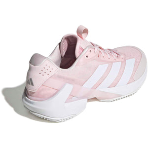 Schuin vooraanzicht van de roze Adidas Adizero Ubersonic 5 W met witte zool