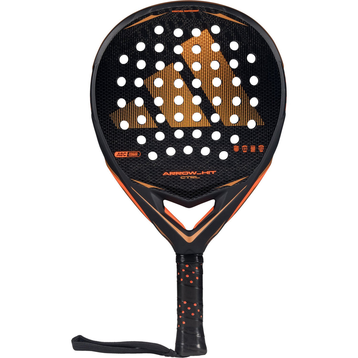 Adidas Arrow Hit CTRL 2026 padelracket in zwart met koper en oranje, vooraanzicht