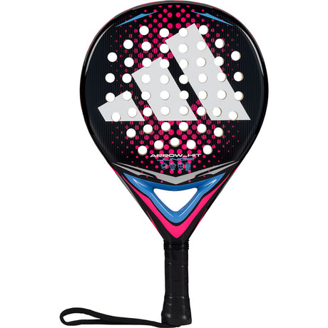 Adidas Arrow Hit Jr 2026 junior padelracket in zwart met roze en blauw, vooraanzicht