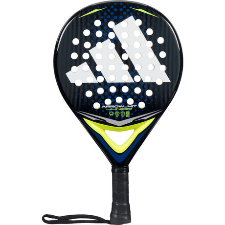 Adidas Arrow Hit Jr 2026 junior padelracket in zwart met limegroen en blauw, vooraanzicht