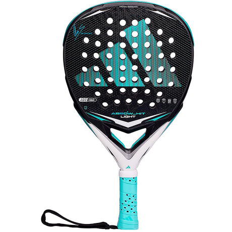 Adidas Arrow Hit Light 2026 dames padelracket in zwart met turquoise, vooraanzicht met polsband