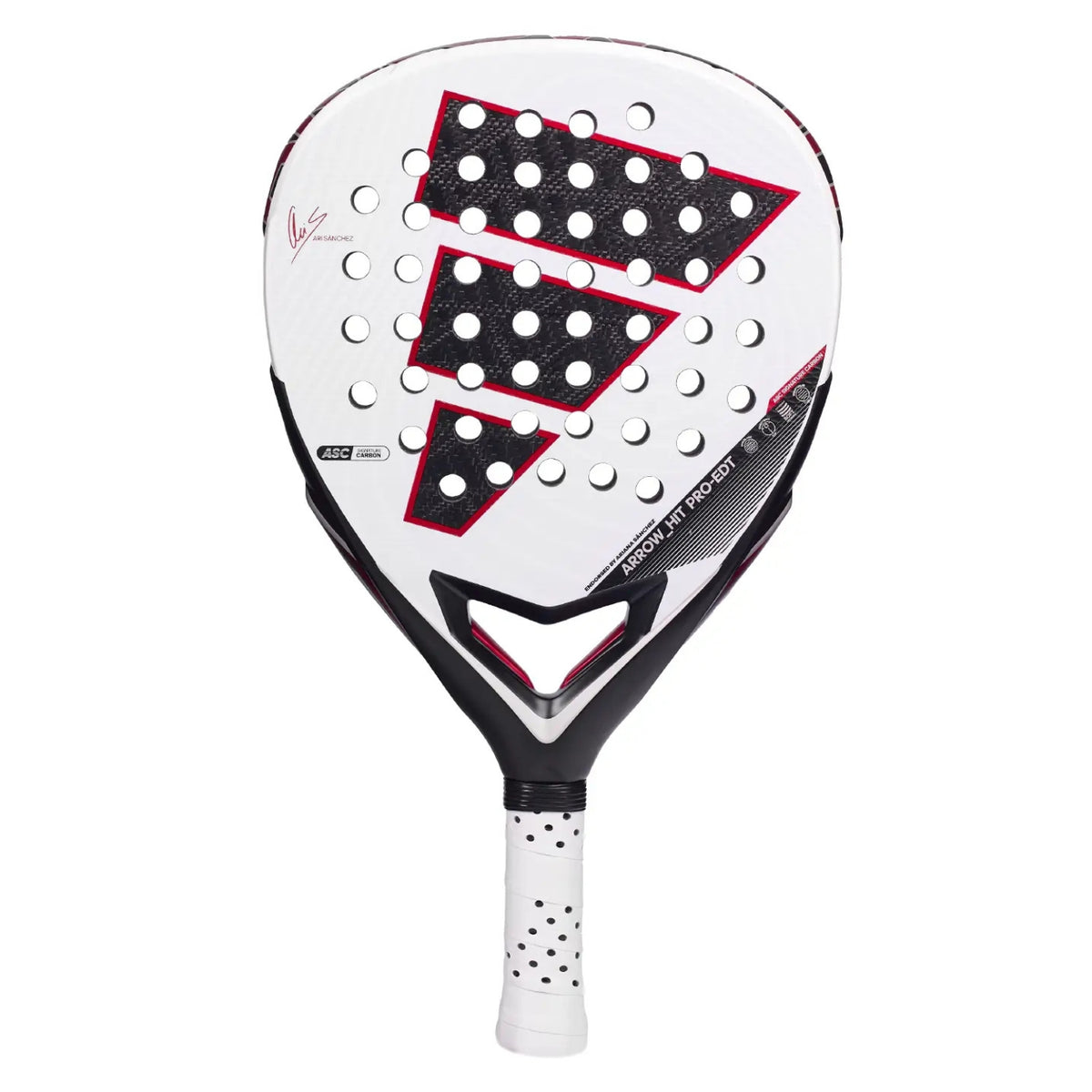 Adidas Arrow Hit Pro EDT 2026 padelracket in wit met zwart en rood, vooraanzicht