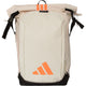 Vooraanzicht van de cremekleurige Adidas Backpack Multigame 2026 met oranje rolltopsluiting