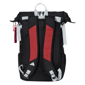 Achterzijde van de Adidas Backpack Multigame 3.4 met rode rugpanelen en witte schouderbanden.
