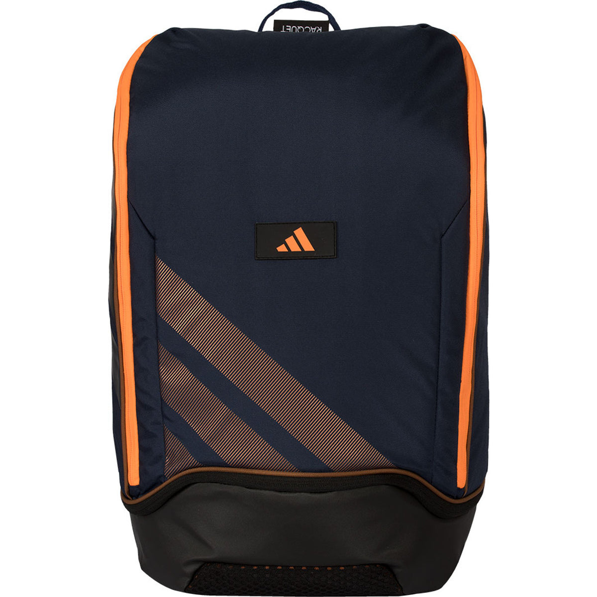 Vooraanzicht van de donkerblauwe Adidas Backpack Protour 2026 met oranje bies en zwarte bodem.