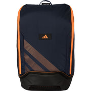 Vooraanzicht van de donkerblauwe Adidas Backpack Protour 2026 met oranje bies en zwarte bodem.