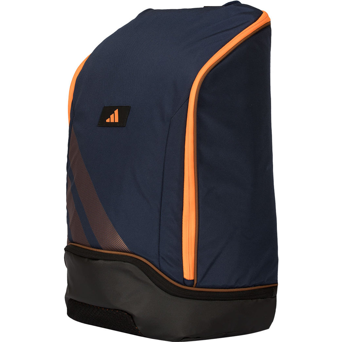 Zijaanzicht van de marineblauwe Adidas Protour 2026 rugzak met oranje rits en diagonale streep.