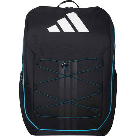 Vooraanzicht van de zwarte Adidas Backpack Protour 3.4 met turquoise koord en wit logo.