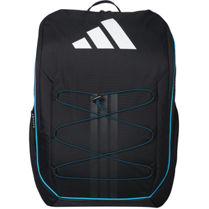 Vooraanzicht van de zwarte Adidas Backpack Protour 3.4 met turquoise koord en wit logo.