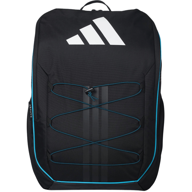 Vooraanzicht van de zwarte Adidas Backpack Protour 3.4 met turquoise koord en wit logo.