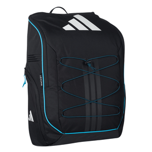 Schuin vooraanzicht van de zwarte Adidas Protour 3.4 rugzak met turquoise stiksels.