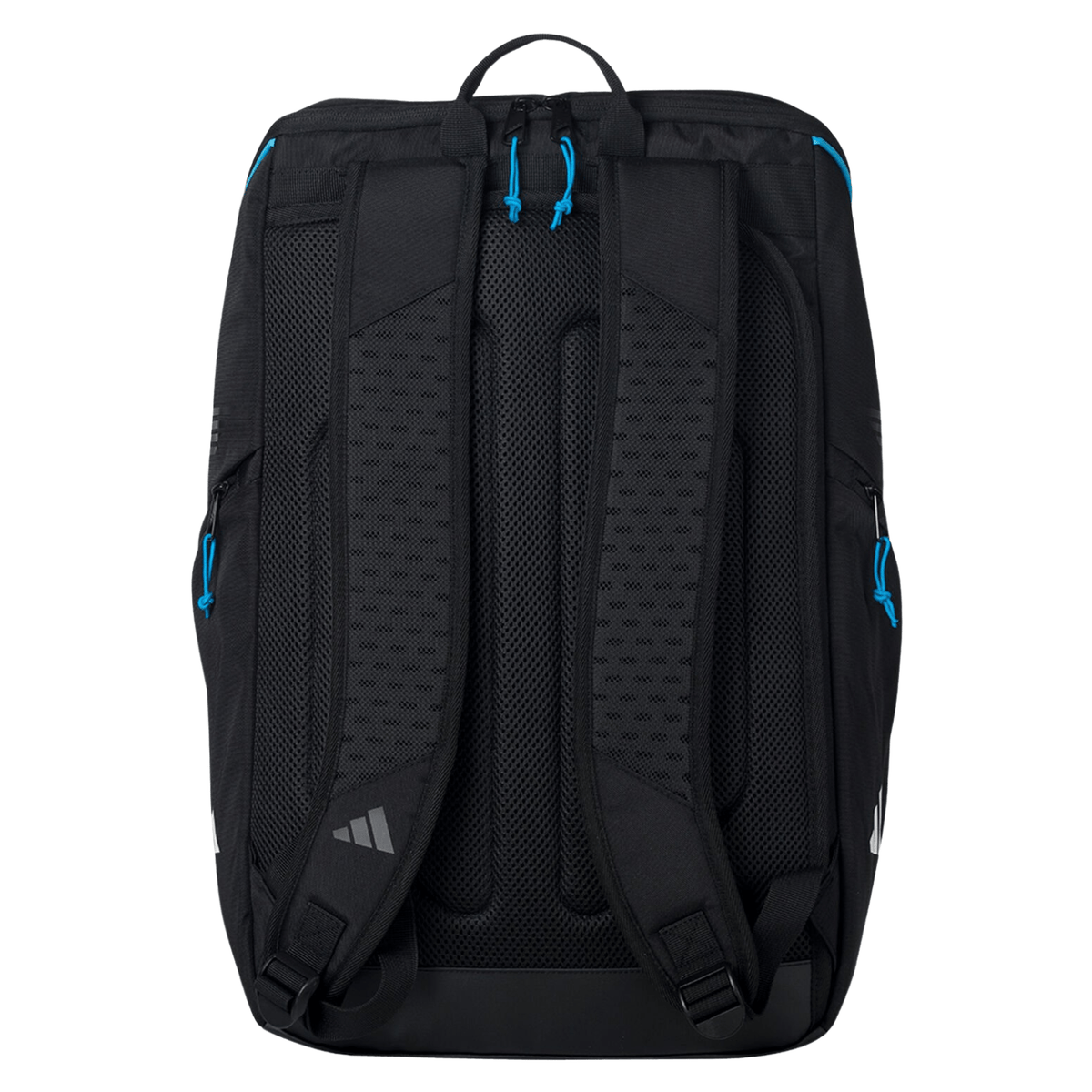 Achterzijde van de zwarte Adidas Protour 3.4 met gevoerde rugpanelen en turquoise ritsen.