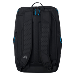 Achterzijde van de zwarte Adidas Protour 3.4 met gevoerde rugpanelen en turquoise ritsen.