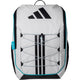 Vooraanzicht van de witte Adidas Backpack Protour 3.4 met zwarte strepen en turquoise bies.