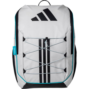 Vooraanzicht van de witte Adidas Backpack Protour 3.4 met zwarte strepen en turquoise bies.