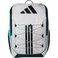 Vooraanzicht van de witte Adidas Backpack Protour 3.4 met zwarte strepen en turquoise bies.