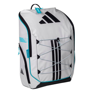 Schuin zijaanzicht van de witte Adidas Protour 3.4 rugzak met turquoise labels.