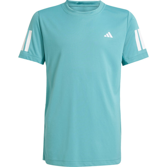 Vooraanzicht van het turquoise Adidas Boys Club 3-Stripe T-shirt met witte strepen op de mouwen